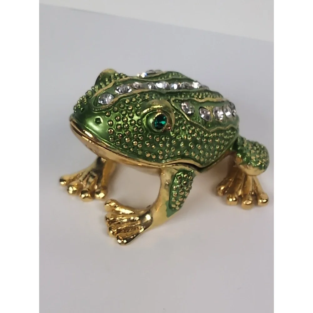 Hinged Keren Kopal Style Gold Tone Frog Trinket Box Rhinestones Green Eyes Vintg